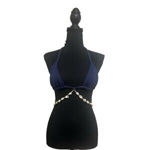 Women's Blue Denim Charming Bikini Top Seashell Charm waist tie comfy lounging